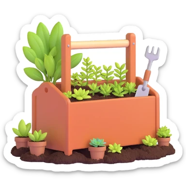 spring gardening tool box with small plants sticker