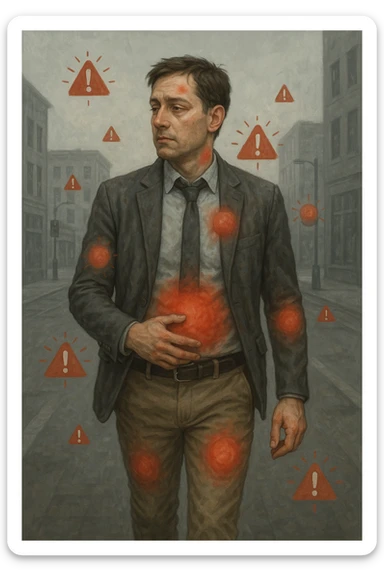 Uomo di circa 35 anni in giacca e cravatta, cammina deciso mentre il suo corpo invia segnali visibili: zone arrossate su addome, testa e articolazioni, occhi stanchi, pelle spenta. Intorno a lui appaiono simboli di allarme (come piccole icone rosse di dolore o stanchezza), ma lui guarda altrove con espressione indifferente o distratta. Sfondo urbano, giornata grigia, atmosfera di disconnessione mente-corpo. Stile realistico con accenti metaforici. sticker