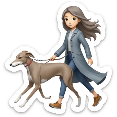 Japanese girl with flowing hair walking a solid grey greyhound with no white markings sticker