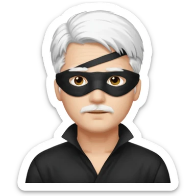 A guy with standing white hair and a black blindfold sticker
