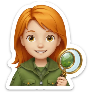 braid orange haired girl kid in moss green explorer outfit, holding magnifying glass, smile sticker