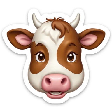 Cinematic Comical Brown and White Cow Portrait Emoji, Head tilted dramatically with an exaggeratedly amused expression, featuring a striking, glossy hide with a dynamic mix of brown and white, wide, expressive brown eyes filled with playful disbelief, Simplified yet hilariously expressive features, highly detailed, glowing with a slightly sassy glow, high shine, dramatic yet playful, stylized with an air of cheeky mischief, bright and endearing, soft glowing outline, capturing the essence of a spirited and over-the-top cow, so meme-worthy it feels like it could moo its way into internet fame instantly! sticker