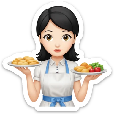 waitress with black hair and a food plate sticker