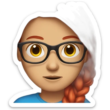 female with long bright red hair and glasses angry with blue eyes and red shirt sticker