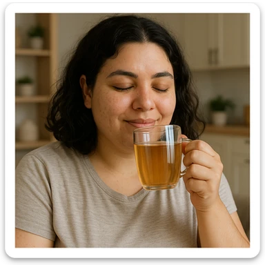 woman with PCOS drinking water or sugar-free herbal tea, satisfied expression, self-care atmosphere, realistic details, kitchen or living room background sticker