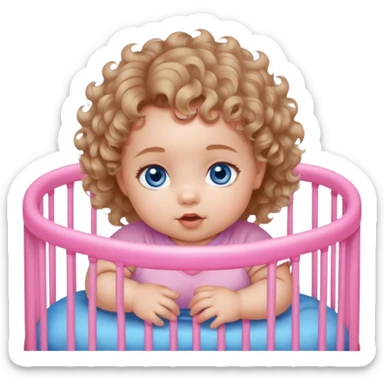 Deep Blue-eyed baby girl with short light brown soft curls,, chubby pink cheeks, in playpen  sticker