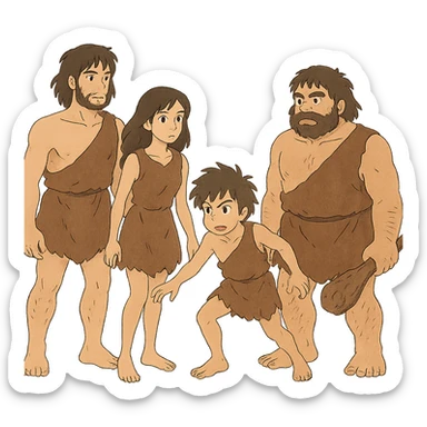 ghibli style illustration of early age humans, no background sticker