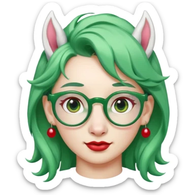 white unicorn with green hair and big red earrings looking into camera and spectacle sticker