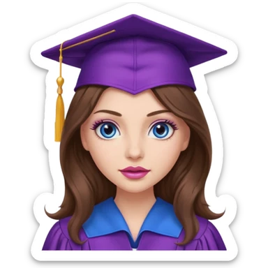 girl with very long wavy brown hair, blue eyes, long lashes makeup, sexy pink lips, wearing a purple graduation cap and gown sticker