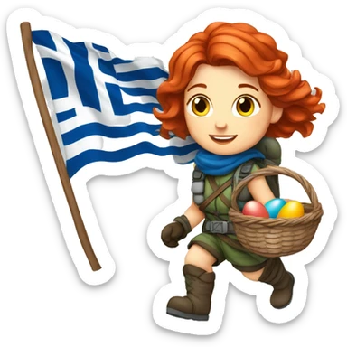 Greek Female winter mountaineer red hair white skin climbing with Greek Flag and Easter eggs basket sticker