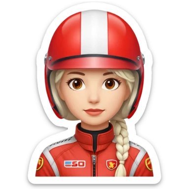 woman with white braided hair in red racer helmet sticker