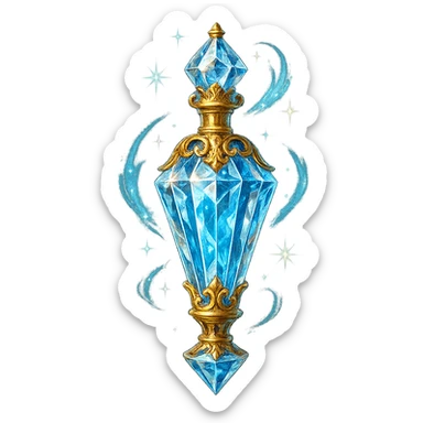 very luxurious crystal baton-shaped elixir bottle, lots of shining, edges, ornaments, golden details, magical effects, very small golden neck, transparent background, beautiful seamless bottom, bottle clearly floating in air, no base or shadow, premium class, playful, matching the collection sticker