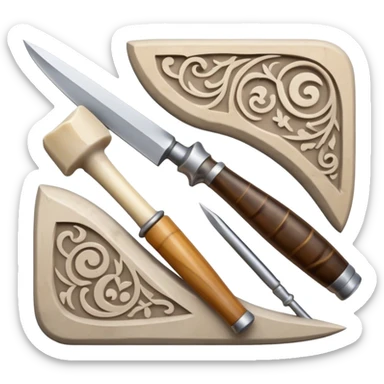 Carving icon, stone, bone, and horn with detailed patterns, carving tools like chisel and awl, minimalistic style, clean lines, transparent background. sticker