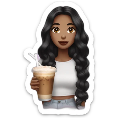 girl with long lashes, big lips, black hair drinks ice latte sticker