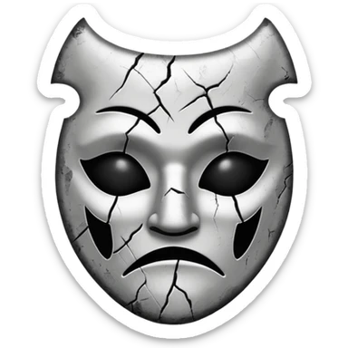 Minimalist emoji-style sticker of a sad theater mask with chipped surface, grayscale tones, one eye empty, slight burn marks

 sticker