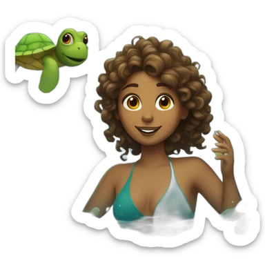 Indian woman with wavy hair swimming with a turtle sticker