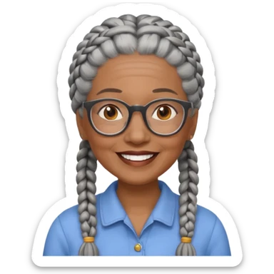 Older woman of color with gray braids, glasses and smiling sticker