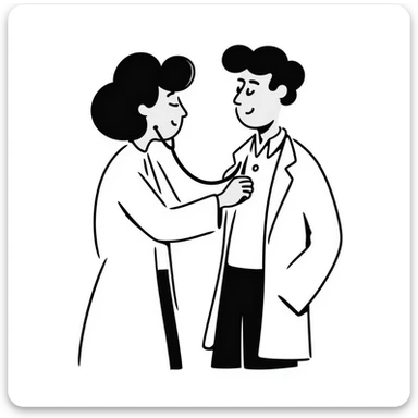 Female doctor in medical attire performing thorough examination of male patient's upper body, checking heart and lungs with stethoscope sticker