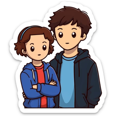 Hannah Baker with brown hair and Clay Jensen standing close together, emotional teenagers from 13 Reasons Why sticker