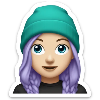 White girl, blue eyes, long teal hair, purple beanie hat, black hoodie sticker