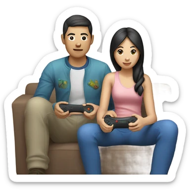 Asian Couple playing video games sticker