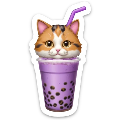 a cat with a purple bubble tea sticker