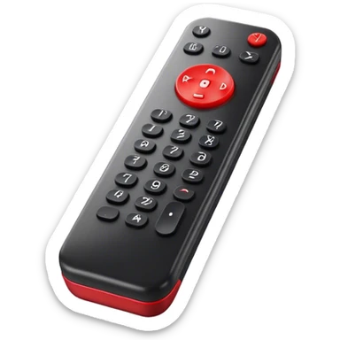 One big black tv remote control with red border, frontal face in  2 dimensions. The remote control have to have 4 buttons in black and one big one big red play button in the middle sticker