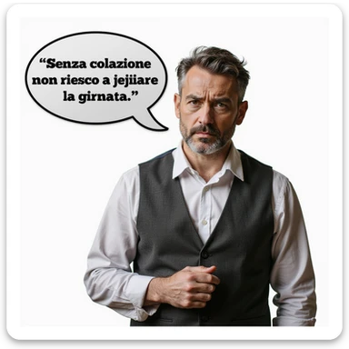 hyperrealistic 4K man isolated on white background, speech bubble saying 'Senza colazione non riesco a iniziare la giornata', serious expression, realistic details, different pose, variant 4 sticker