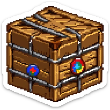 Wooden crate with metal reinforcements, color #c2410c with darker wood grain, visible wood grain texture, metal bands across the crate, slight 3D effect with shading, breakable appearance, small warning symbol, 32x32 pixels sticker