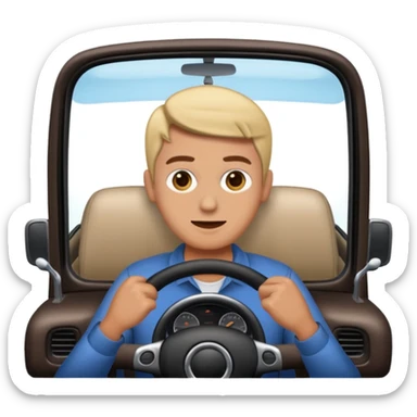 Crea un emoji con fondo transparente en PNG de una persona manejando un vehículo, que se vea desde el parabrisas frontal. sticker