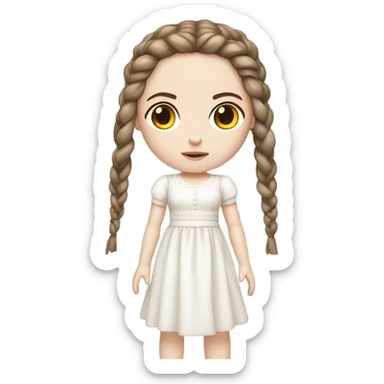 Doll with brown straight hair in braids, wearing a white dress and a serious expression. She has pale skin and a classic porcelain doll appearance, looking terrifying. sticker