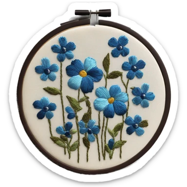 Vintage embroidery hoop with blue flowers embroidered and dark brown embroidery hoop border sticker