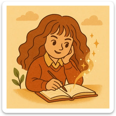 Hermione Granger writing in a notebook, cartoon style, warm colors, expressive face, magical atmosphere sticker