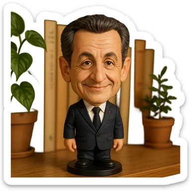 bobblehead style figure of Nicolas Sarkozy, French politician, suit and tie, oversized head, friendly expression sticker