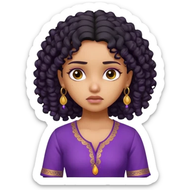 a tan pretty bratz indian girl with curly black hair, looking sad. purple kurti sticker