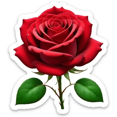 Cinematic Realistic Rose Emoji, Elegant and full of grace, with velvety, deep red petals unfurling in a perfect bloom, dew drops glistening on the soft edges, and a faint fragrance hanging in the air. The lush green leaves surround the stem, creating a vibrant contrast to the rich color of the petals. Soft glowing outline, capturing the essence of timeless beauty and romance in a single bloom. sticker