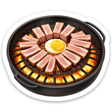 Cinematic Realistic Samgyeopsal Dish Emoji, depicted with sizzling, thick slices of pork belly grilled to perfection rendered with rich textures and warm, inviting lighting. sticker