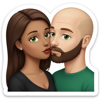Man beard bald white dark green eyes, woman medium hair brown brown eyed latina kissing sticker