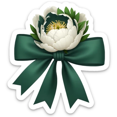 white peonies with a dark green bow, minimalism, iOS emoji style, no faces or smileys sticker