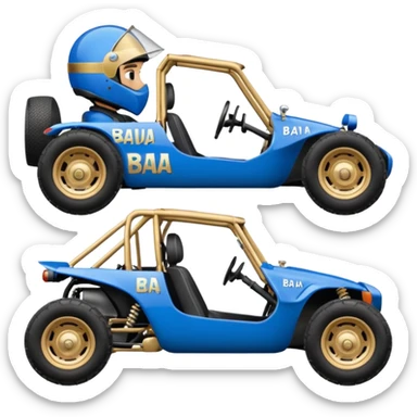 A small blue and gold dune buggy featuring a driver in a motorcycle helmet, with the word "BAJA" displayed on the side panel. sticker
