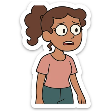 girl with brown curly hair in a ponytail, brown eyes, brown hair, flat toon style sticker