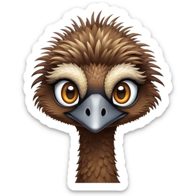 Cinematic Cute Emu Portrait Emoji, Head tilted playfully and inquisitively, featuring a glossy, textured brown plumage with a perky head and round, sparkling eyes full of curious wonder, Simplified yet irresistibly adorable features, highly detailed, glowing with a warm, friendly glow, high shine, affectionate and lively, stylized with a touch of outback whimsy, bright and endearing, soft glowing outline, capturing the essence of a mischievous yet loving emu, so playful it feels like it could gallop out of the screen into your arms! sticker