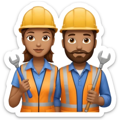 me haces una mujer pelo marron y un hombre con barba , que ambos esten vestidos como constructores de obra  sticker