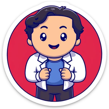 Management educator with black wavy hair, stubble, strong features, white skin, smart casual attire, presenting a powerful TED talk about business innovation, animated speaking pose on iconic red circle stage, innovation-themed visuals sticker