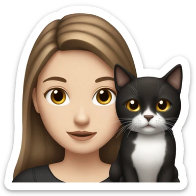 White girl with brown hair and brown eyes holding a black and white cat sticker