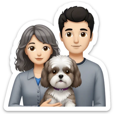 Quiero una pareja de 30 años con un perro shitzu blanco y gris. La chica con pelo rizado largo marron pero con el flequillo liso. El chico con el pelo corto, liso, negro y con un poco tupe , piel blanca y sin barba sticker