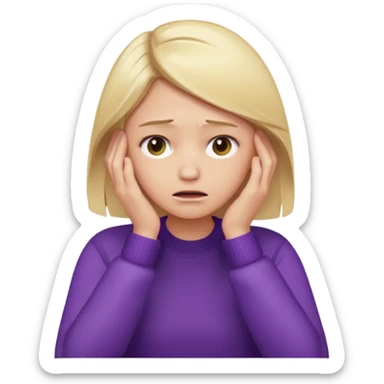 Emoji-style illustration of a frustrated young woman, smooth, shiny, perfectly styled blonde hair, wearing a purple sweater, holding her face in her hands, expressing annoyance and disappointment, cartoonish, expressive, simple lines, flat colors, clear silhouette sticker