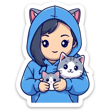Girl with black hair wearing gray hoodie with a British shorthair blue and white cat and a long-haired blue and white cat sticker