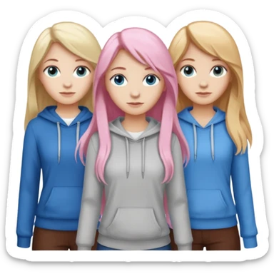 Girlfriend emoji - include 1 white girl with long light pink hair and blue eyes, 1 white girl with brown eyes and medium honey blonde hair, 1 white girl with blue eyes and light blonde hair, and 2 white girls with brown eyes and long dark brown hair sticker