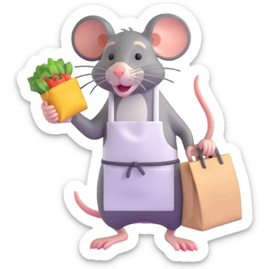 tired rat wearing apron bagging groceries sticker